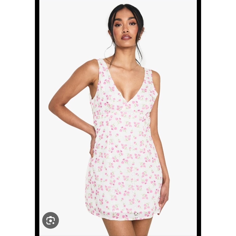 Women's Sz L White &‎ Pink Floral Babydoll Satin Whimsical Tie Waist Mini Dress